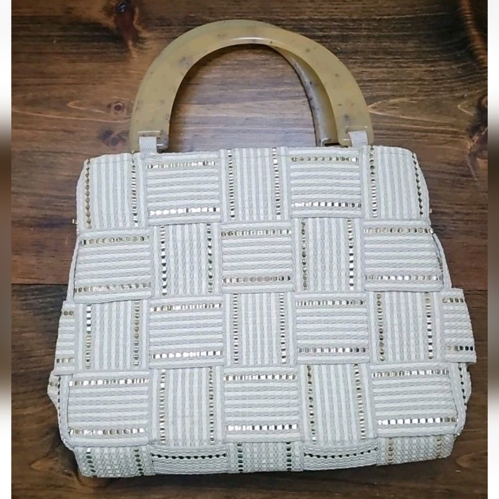 Vintage M&G Bertini Woven Tote Handbag Plastic Lucite Handle Italy Beige Gold